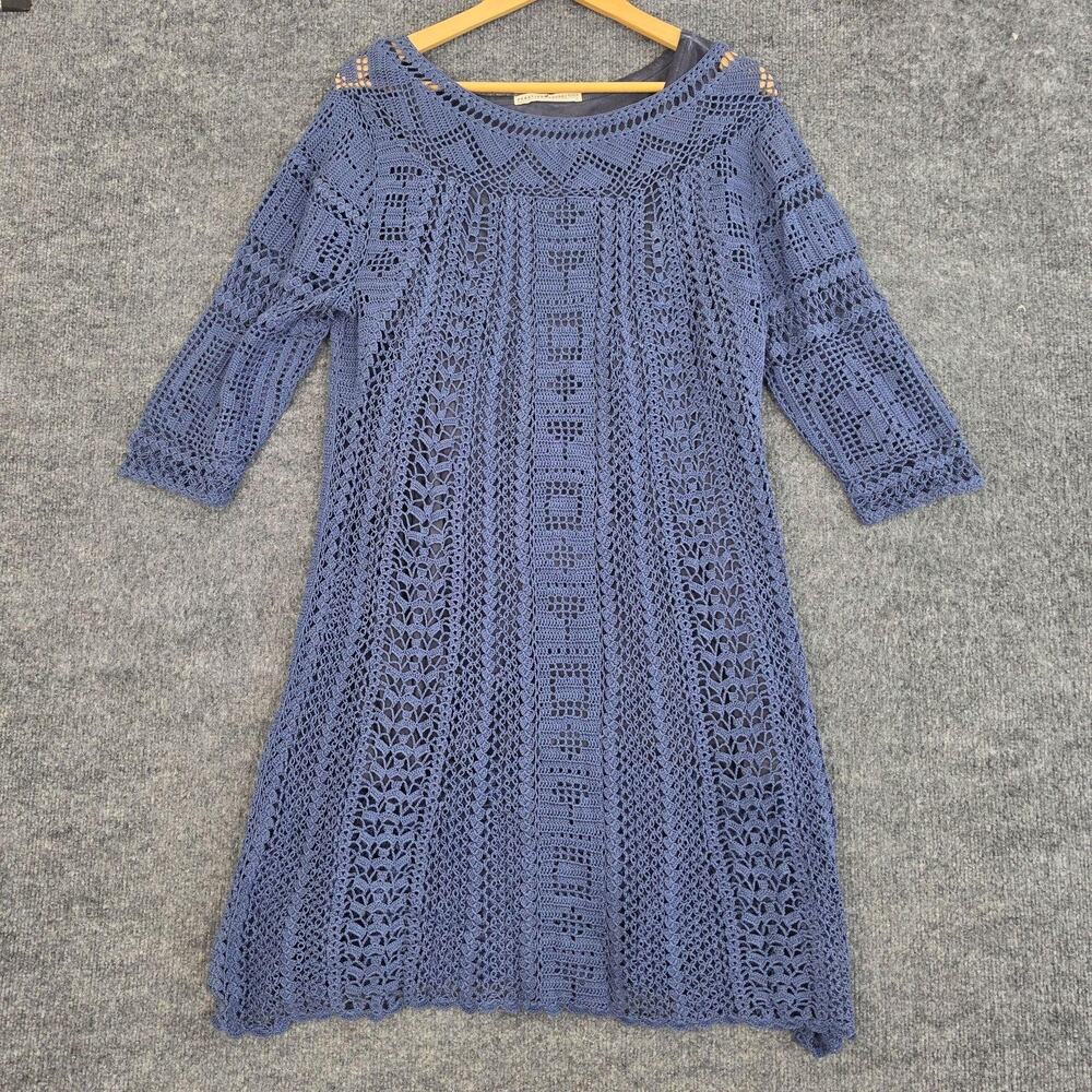 Peruvian Connection Dress XL Crochet Shift Blue Mini Bohemian Hippie Fairy